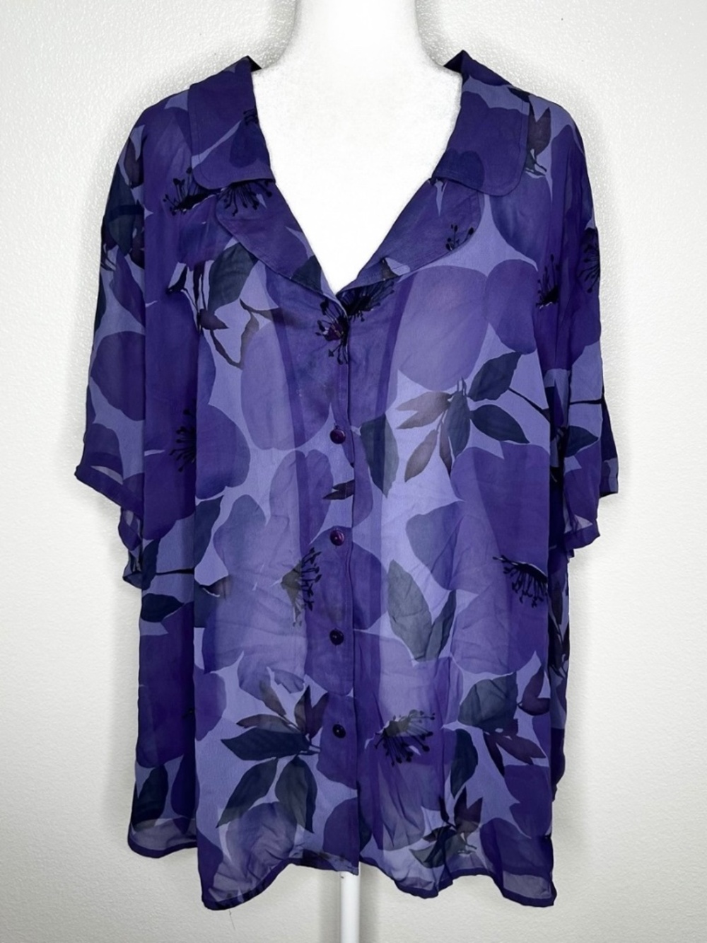 Avenue Womens Purple Floral Short Sleeve Button-Up Top Blouse Plus Size 30/32